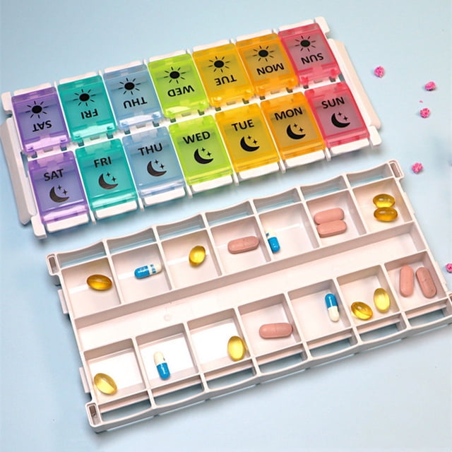 Organizador de pastillas semanal grande para 7 días (siete colores, aproximadamente 232 x 112 x 29 mm), con 2 compartimentos, para 2 tomas diarias.