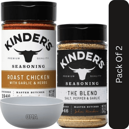 Kinder’s Seasoning Combo – Roast Chicken Garlic & Herbs (8.75 oz) & The Blend (Salt, Pepper & Garlic, 10.5 oz)-2pk,  With Olive White Bowl By OMA