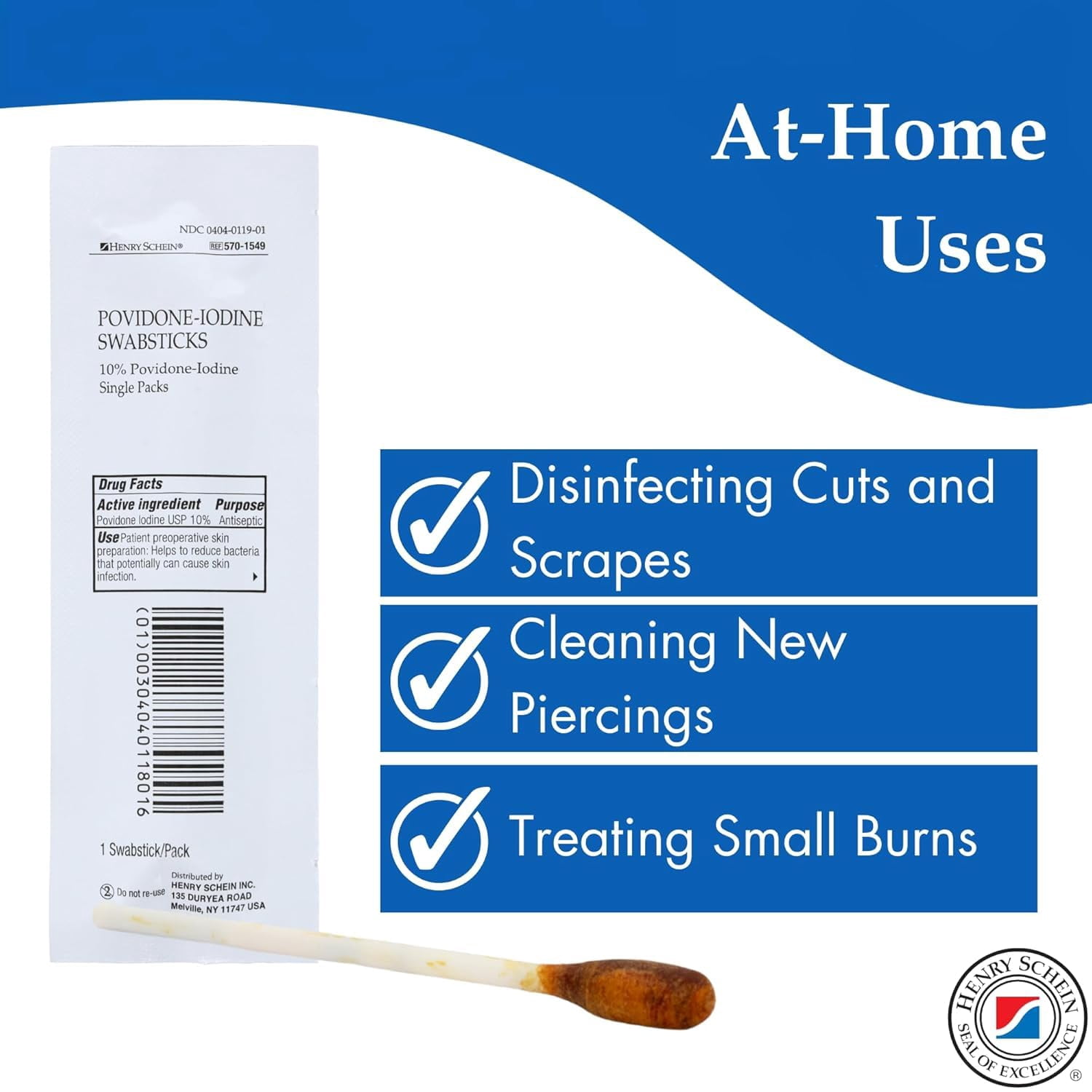 Henry Schein Prep Povidone-Iodine Swabsticks 1's- Sterile, Antiseptic for Skin Preparation, Individually Packed, 10% Povidone-Iodine, 25 Packs per Box - 20 Boxes