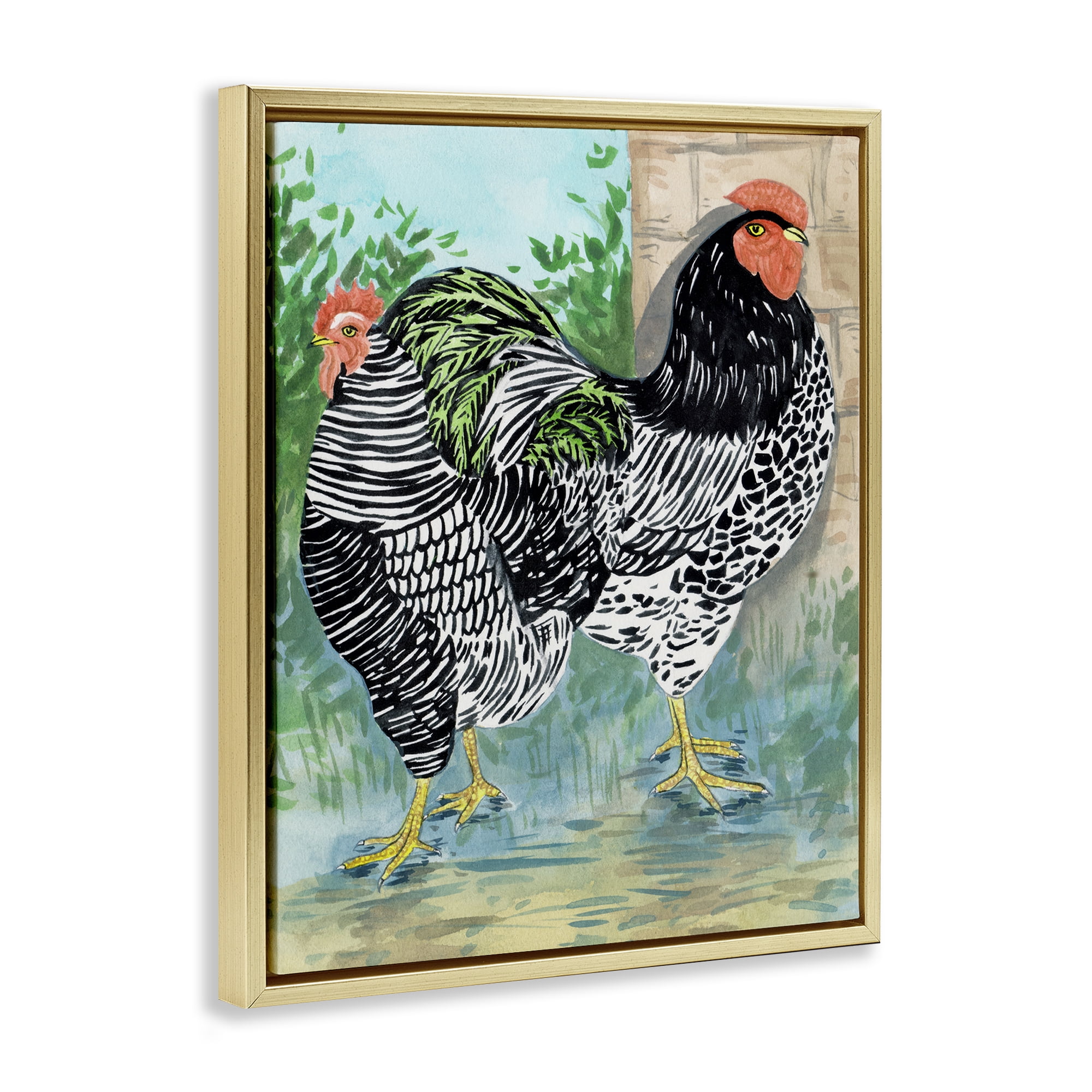 Stupell Industries Patterned Farmhouse Hens Animals Painting Gold Floater Framed Canvas Art Print Wall Art, 17 x 21