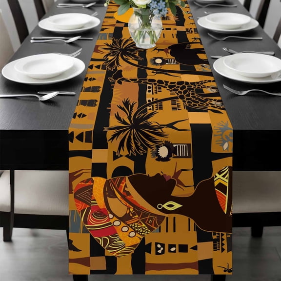 Orange Black African Women Table Runner 70 Inches Long, Ethnic Tribe Giraffe Vintage Kitchen Coffee Dining Table Decoration for Home Party Birthday Wedding Home Decor 13x70 Inches