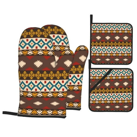 

WARHOOME Oven Mitts and Pot Holders Sets Heat-Resistant Aztec Native Style Vintage Print BBQ Glove Oven Mitt Hot Pads Kitchen Cooking Baking Grilling 4Pcs