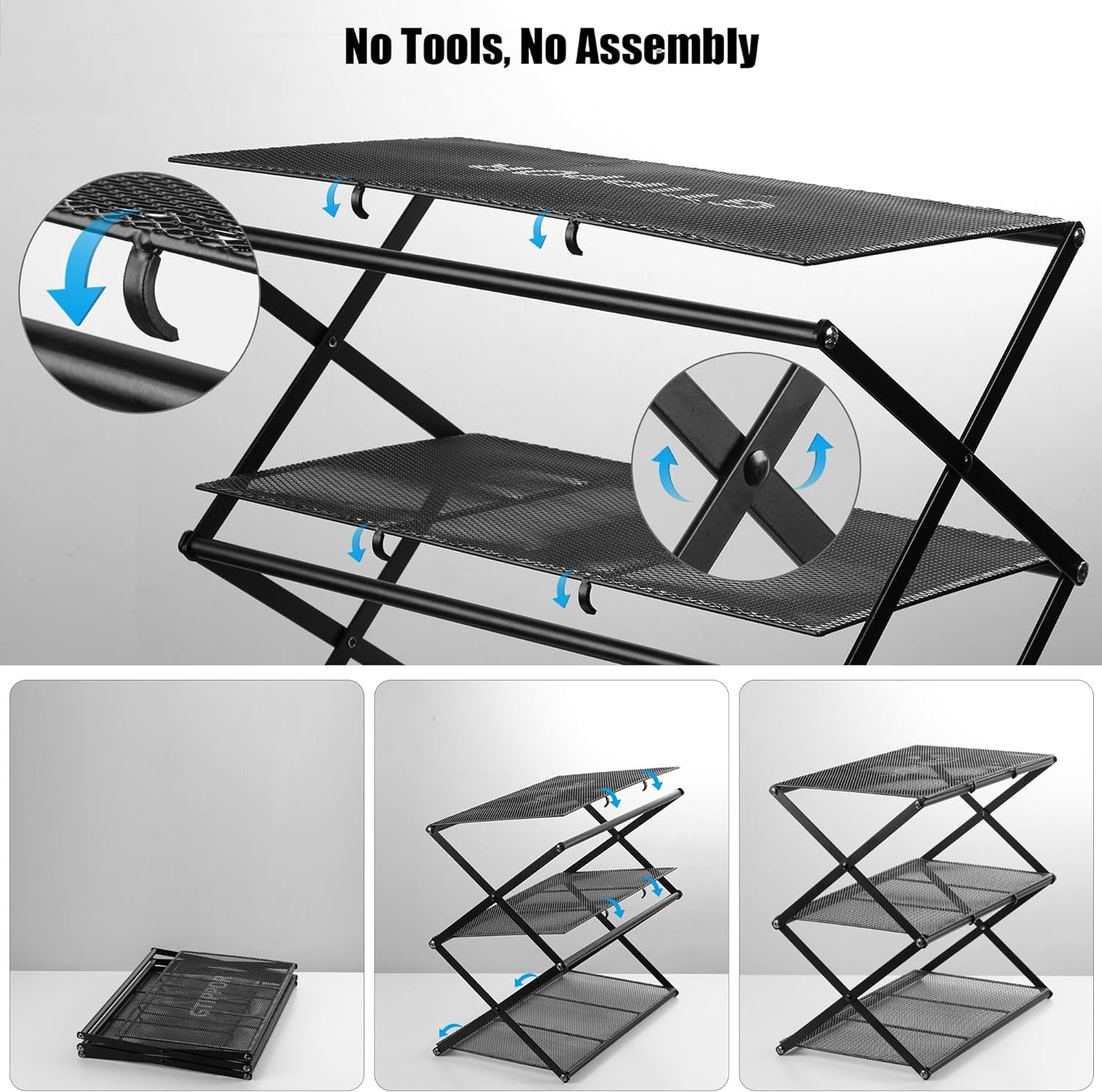 5-Tier Foldable Shoe Rack Without Assembly, Metal Collapsible Shoe Organizer for Entryway, Living Room, Hallway, Black