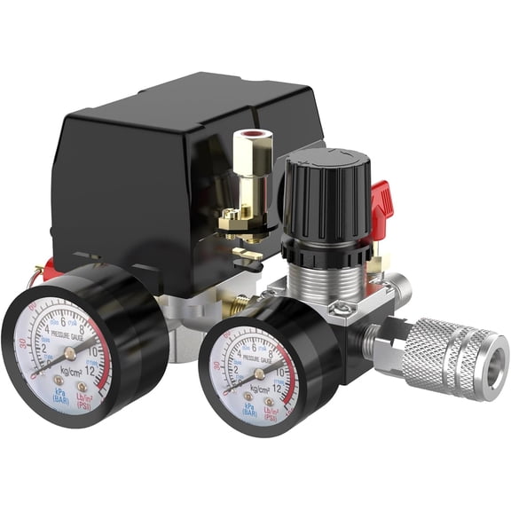 Air Compressor Pressure Switch Control Valve, cnaodun 90-120 PSI Air Compressor Switch Equips Four-port Pressure Regulator Gauge 1/4 NPT Thread