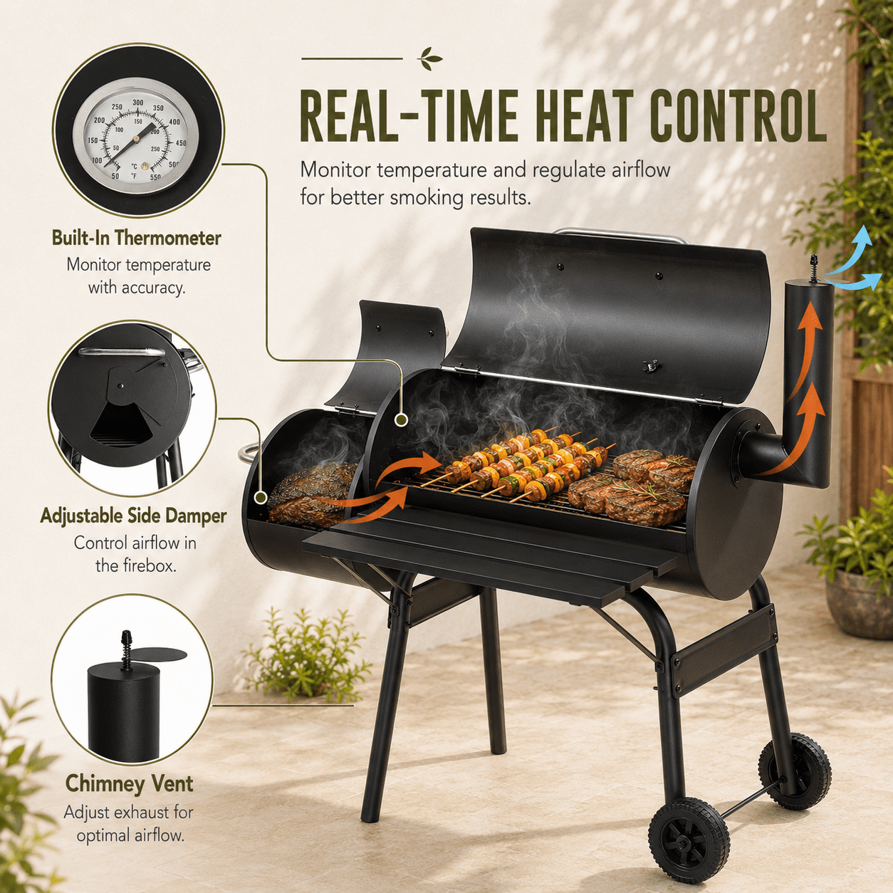 Smoker Grill, Outdoor BBQ Charcoal Grill W/2 Cooking Area, Portable Offset Smoker on Wheels for Patio Backyard Camping