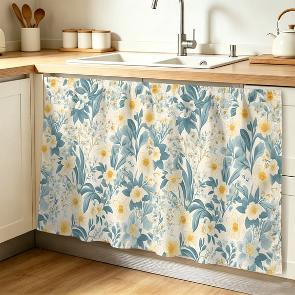 Spring Meadow Blooms Cabinet Curtains for Shelves, Teal Yellow Botanical Privacy Curtain for Closet Self Adhesive, Dust-Proof Drapes for Closet Storage Room Classroom Doorway, 32"W x 55"L