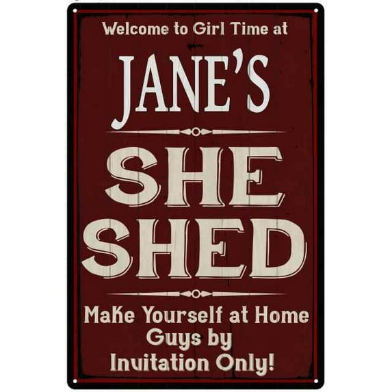 JANE'S She Shed Sign Red Wall Shack Decor Lady Cave 8 x 12 Matte Finish Metal 108120088080