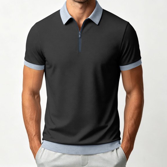 VgaVtl Summer Men's Polo Shirt Short Sleeve Golf Zip-Up Everyday Collared Color Block Casual Shirts for Men