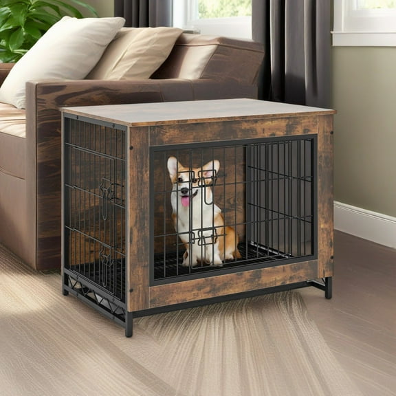 Pefilos 27" Wooden Dog Crate Furniture for Indoor Dogs, Dog Kennel with Double Lockable Doors and Removable Tray, Modern Dog Cage for Small/Medium Dogs, Brown