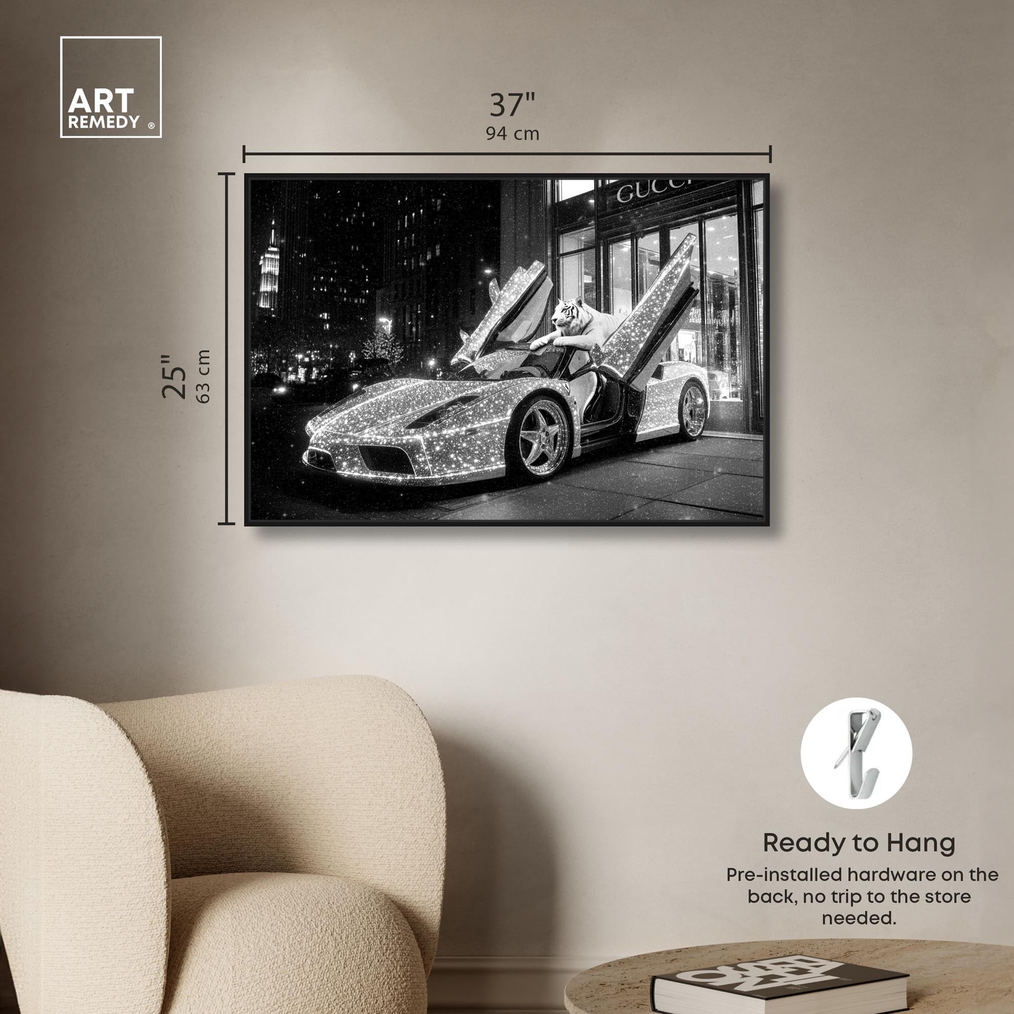 Glistening Tiger and Car Canvas Luxury Cars Prints by Art Remedy, Black Frame, 36 x 24
