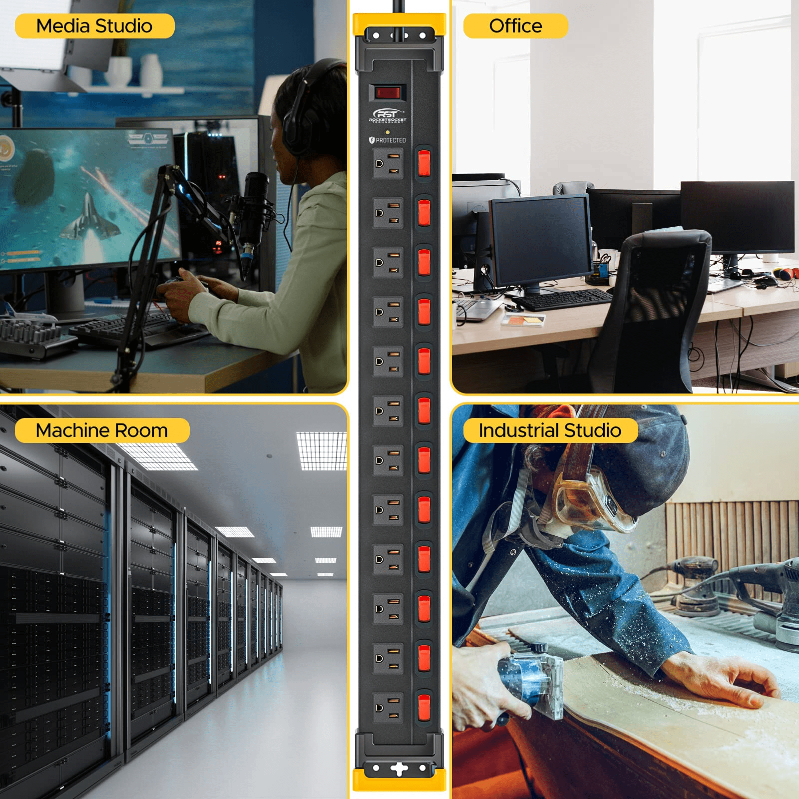 CRST 12 Outlets Heavy Duty Long Power Strip Surge Protector Individual Switches with Cord Manager 14/3 SJT 9 Feet Long Extension Cord, Black