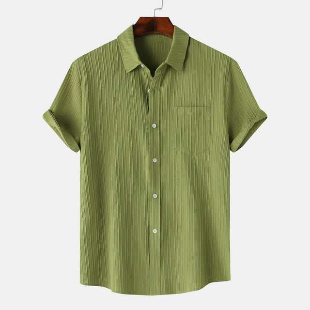 DPTALR Men Casual Solid Turndown Short Sleeve Button Closure Shirt Hawaii Blouse