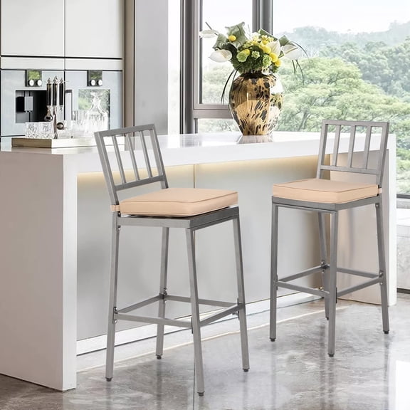 Metal Dining Bar Stools, Outdoor Bar Height Stool, Indoor Outdoor Stools with High Back & Cushions, Hammered Gray Finish, 29" Barstools for Patio, Bistro