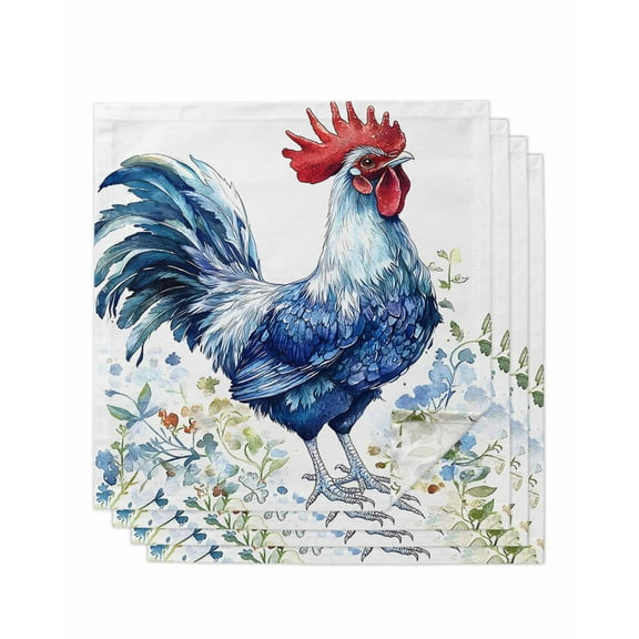 nqOlkjepod Blue Vintage Rooster Cloth Napkins Set of 4 Reusable Dinner Napkins, Spring Floral Elegant Animals Cocktail Napkin Washable Table Napkins for Wedding/Holiday Party/Baby Shower 20"x20"