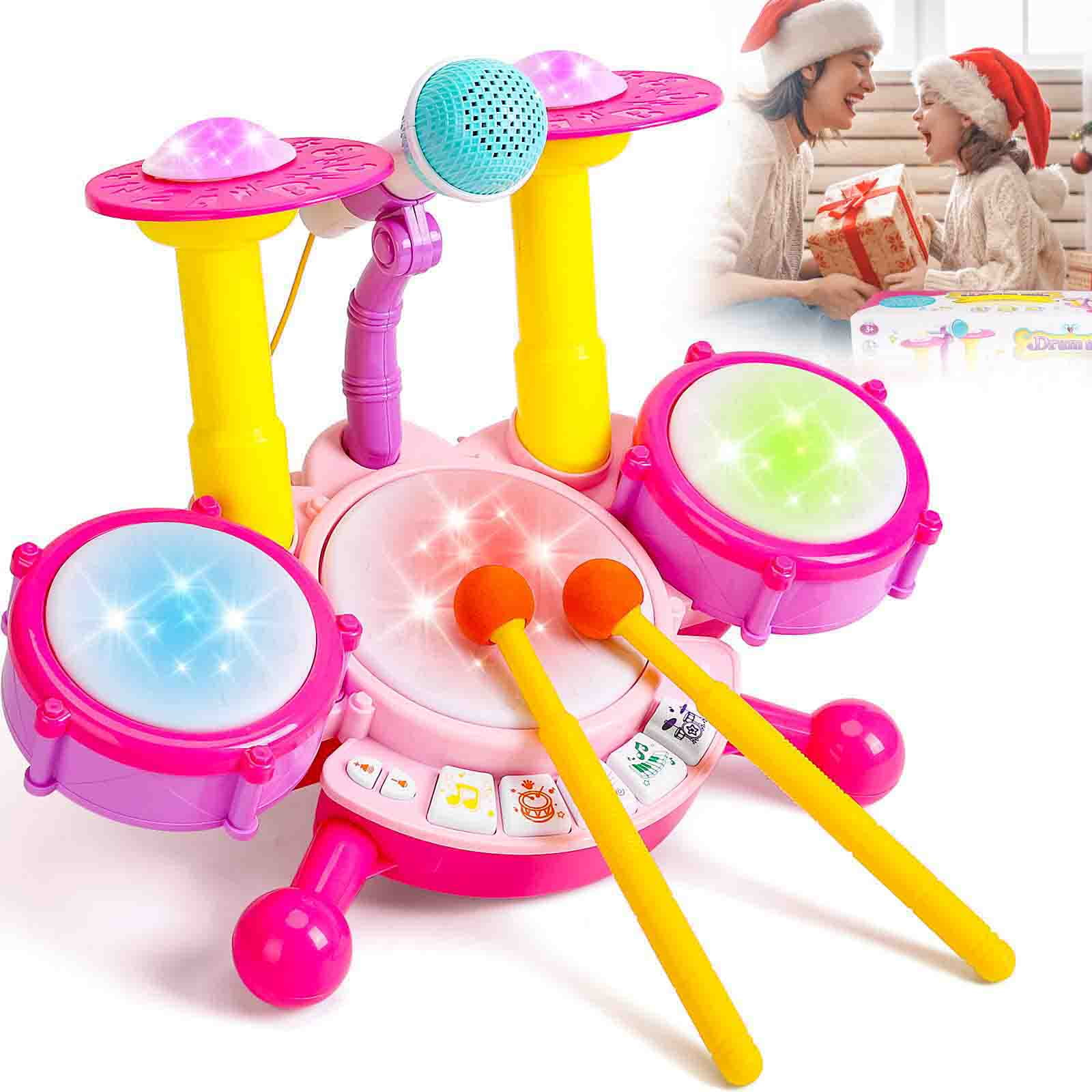 Drum Set for Kids with 2 Drum Sticks and Microphone, Musical Toys Gift