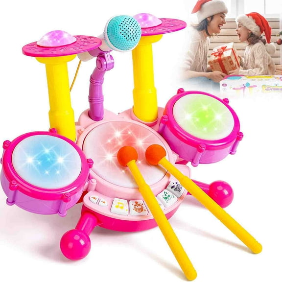 Drum Set for Kids with 2 Drum Sticks and Microphone, Musical Toys Gift for Toddlers