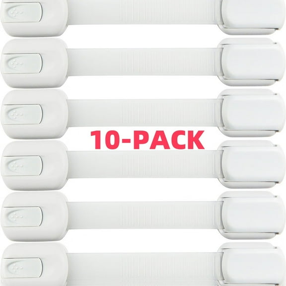 Child Safety Strap Locks (10 Pack) Baby Locks for Cabinets and Drawers,Toilet,Fridge & More.3M Adhesive Pads.Easy Installation,No Drilling Required,White