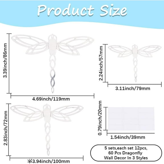 60Pcs 3 Sizes Dragonfly Wall Decor Silver Paper 3D Dragonflies Garden Art Mural Wall Stickers Indoor Outdoor Fence Hanging Decorations for Nursery Home Living Room Flowers Cake Party Window