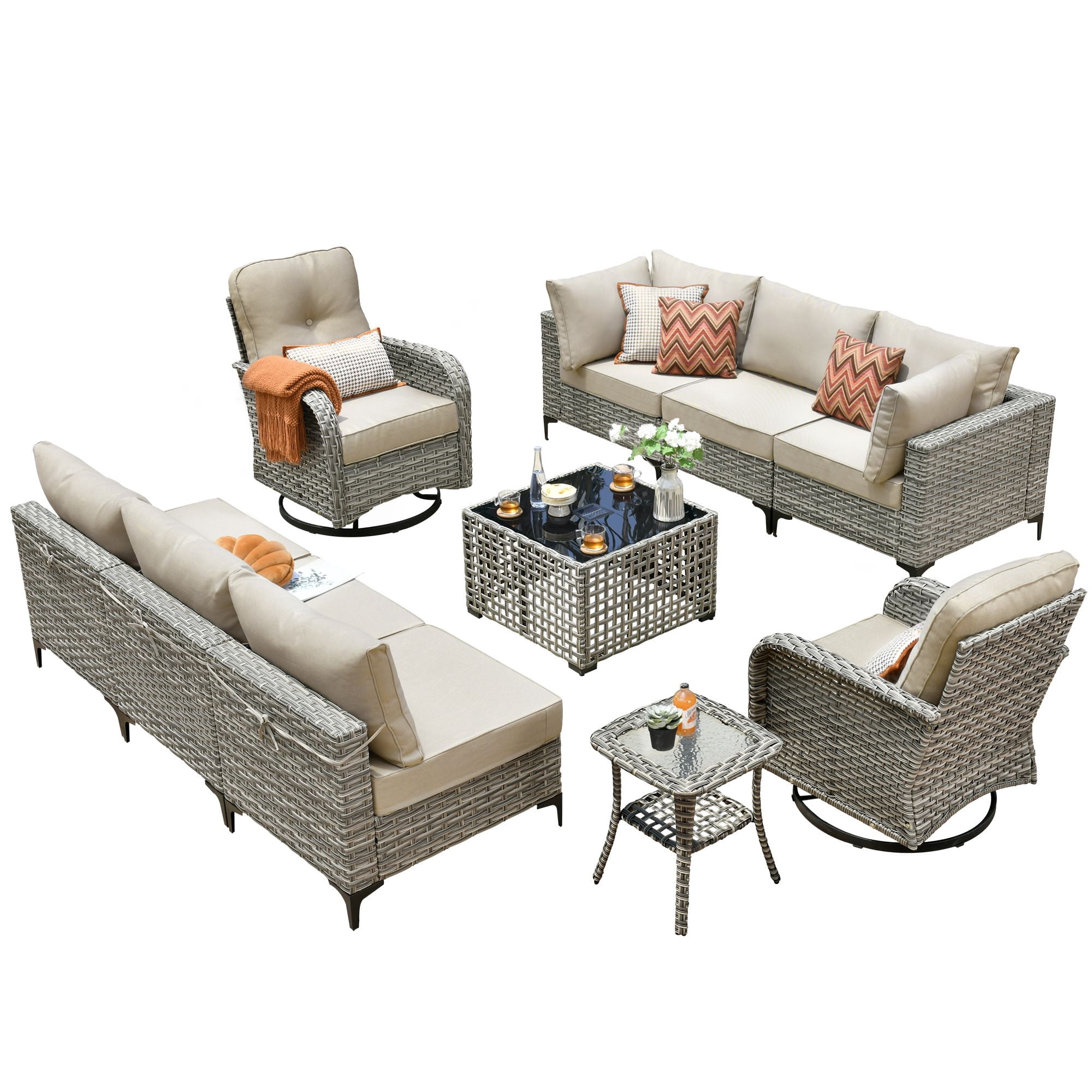 XIZZI 10 Pieces Wicker Patio Furniture with Swivel Rocking Chair Rattan Outdoor Conversation Set Modular Patio Sectional Sofa with Lighting Coffee Table for Balcony, Porch, Backyard, Beige