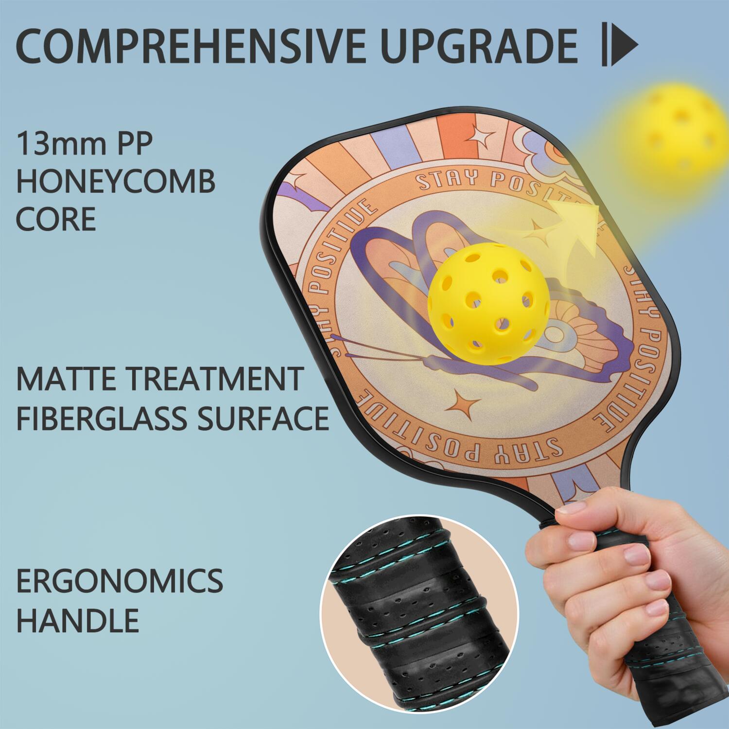 Pickleball Paddles Set Of 2, Fiberglass Surface, Butterfly Print, 4 Balls & Bag