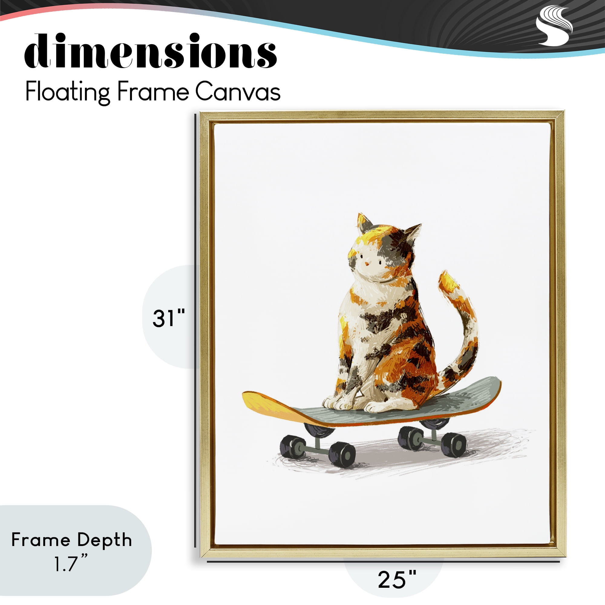 Stupell Industries Calico Cat on a Skateboard Gold Framed Floater Canvas Wall Art, design by Ziwei Li