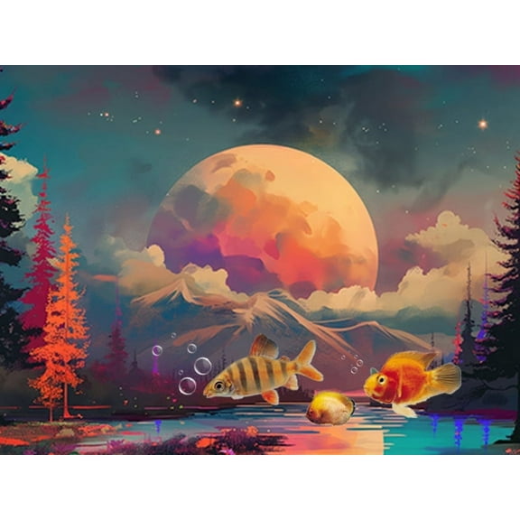 Colorful Planet Aquarium Background, Galaxy Space Tapestry Fantasy Forest Mountain Tank Decorations Background, Aesthetic Floral Plant Art Terrarium Background with 8 EVA Double-Sided Tape