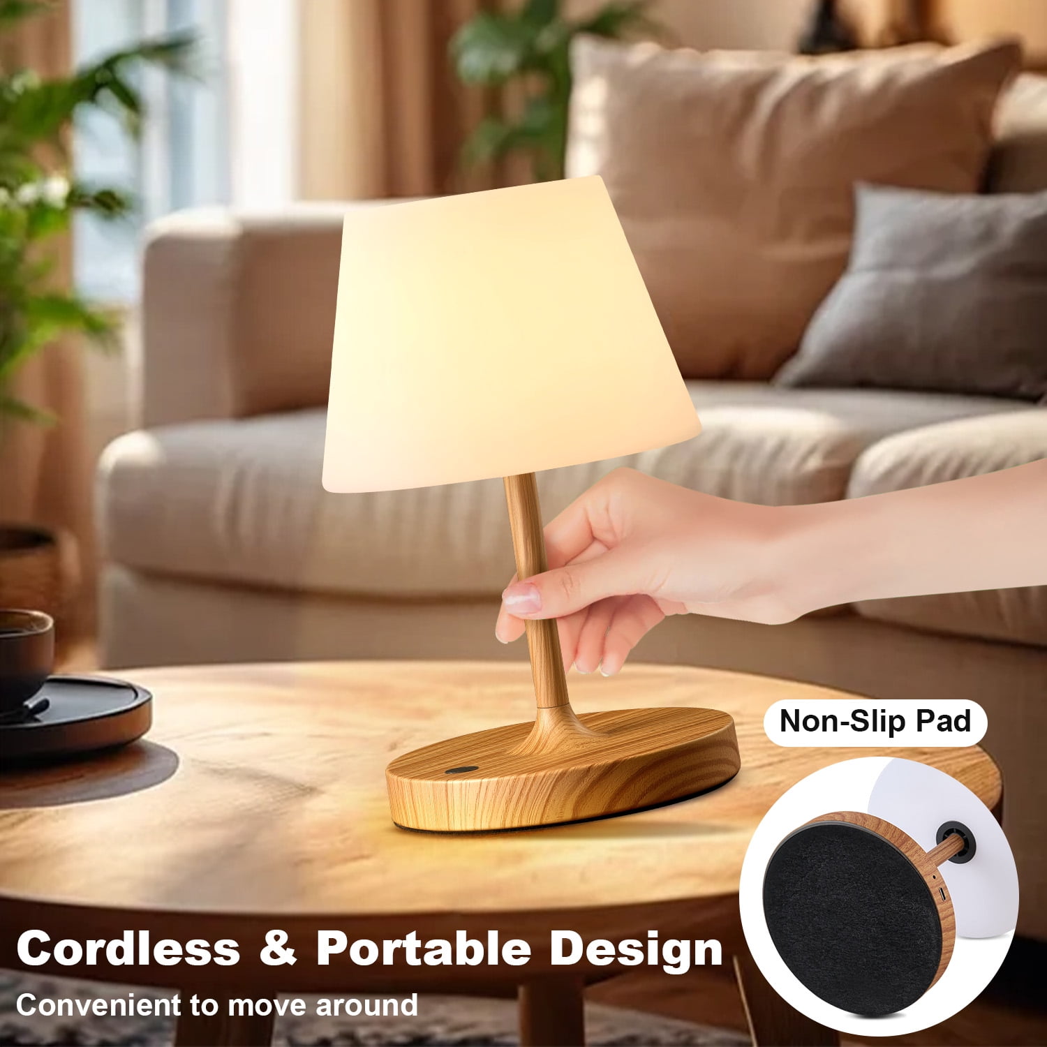Walchoice Cordless Table Lamp Rechargeable, Outdoor Operated Shower Lamp Waterproof, Touch Dimmable Desk Lamp for Bedroom Patio Restaurant Home - Wood Grain