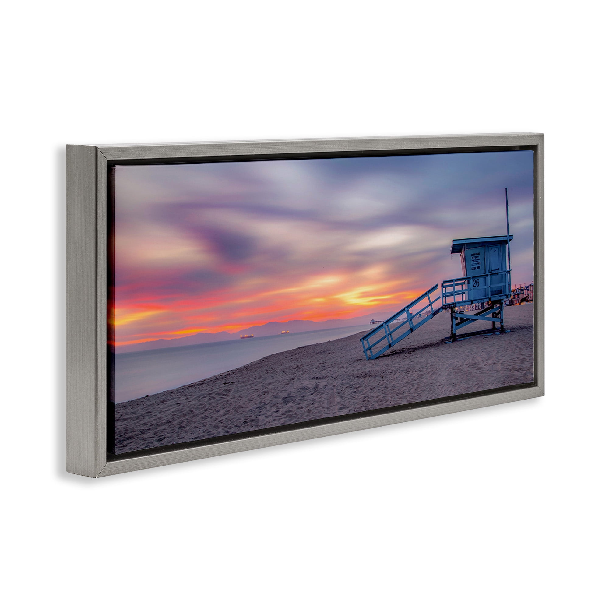Stupell Industries Beach Hut Sunset Horizon Nature Photography Gray Floater Framed Canvas Art Print Wall Art, 31 x 14