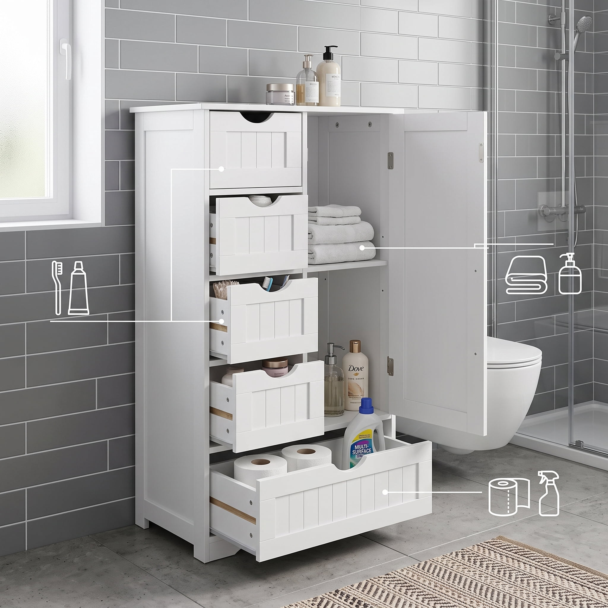 Elegant Vertical Grain Bathroom Cabinet 4 Small Drawers 1 Large Drawer 1 Lower Cabinet Particle Board for Powder Room Master Bathroom