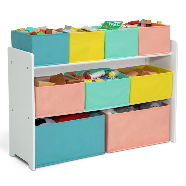 Delta Children Deluxe Multi Bin Toy Organizer with Storage Bins Greenguard Gold Certified White with Blue Orange Pastel Bins Walmart