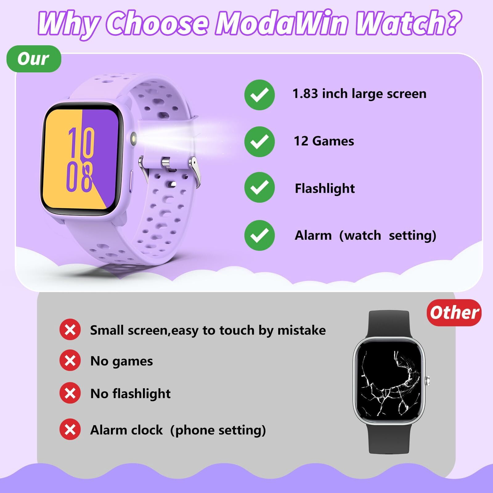 Kids Smart Watch 1.85" Upgrade - Fitness Tracker with Heart Rate Sleep Monitor Pedometer, 100+ Sports Modes, 12 Puzzle Games, Activity Tracker for Boys Girls Teens Aged 6-15 Outdoor Fun (Purple)