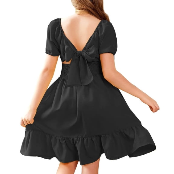 Arshiner Girls Tie Back Short Sleeve Ruffle Hem Off Shoulder Casual Elegant Dresses
