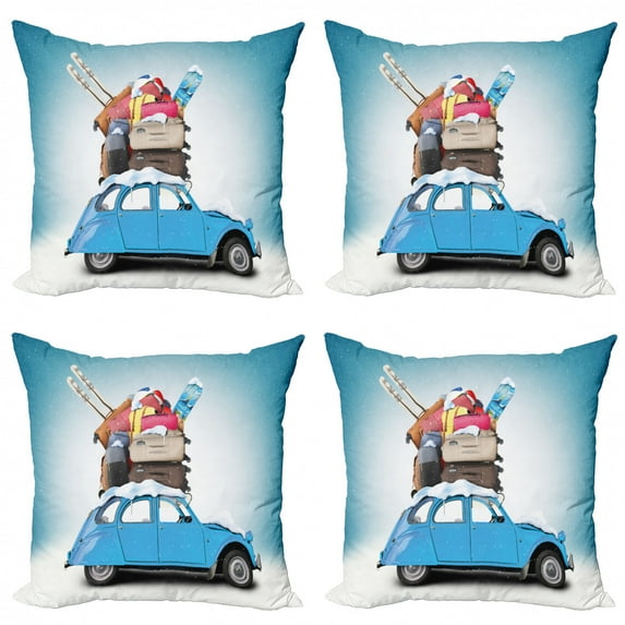 Winter Throw Pillow Cushion Case Pack of 4, Traveling Themed Snowy Image Ski Baggage Items Blue Vintage Car Holiday Photograph, Modern Accent Double-Sided Print, 4 Sizes, Multicolor, by Ambesonne