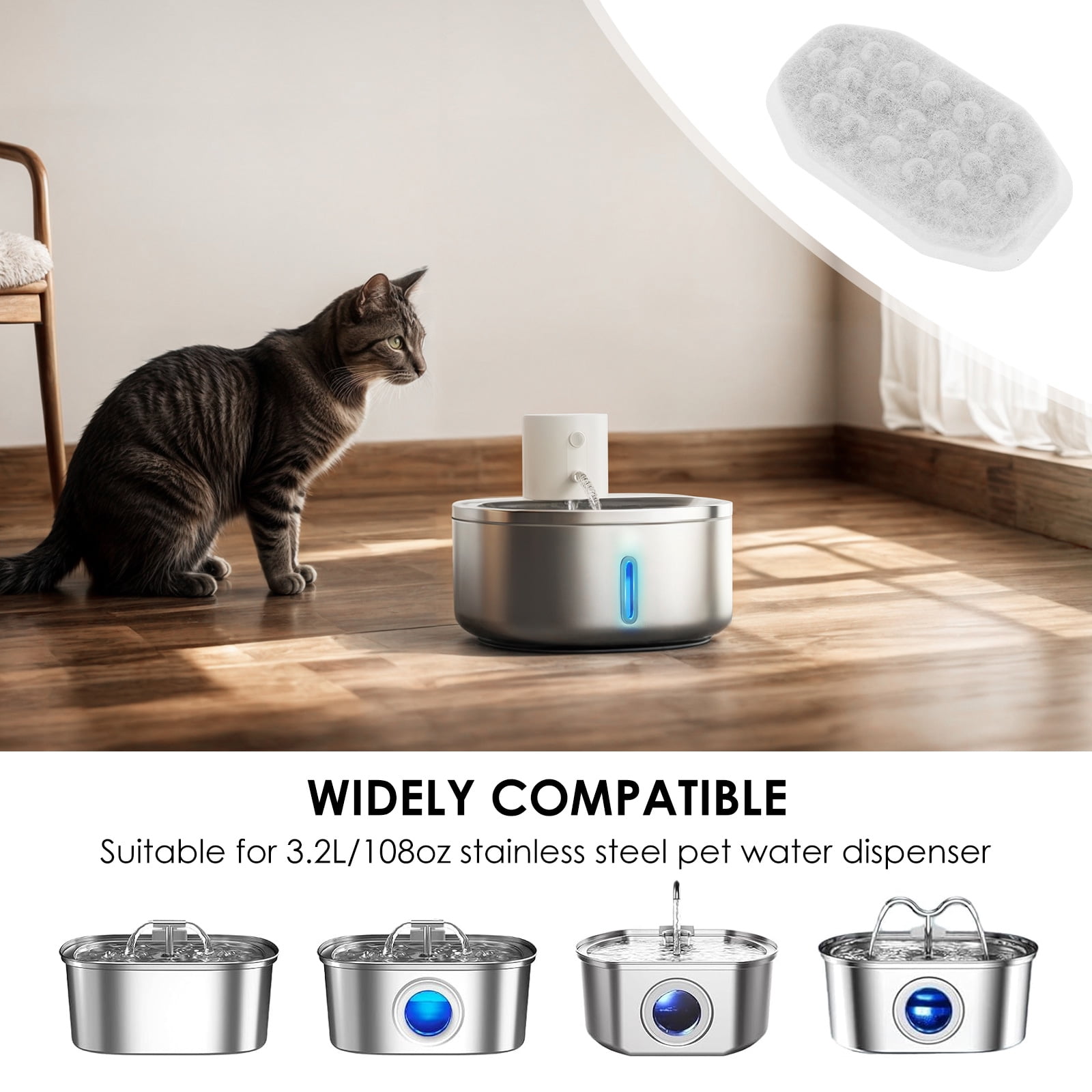 Ikoopy 64 Pack Cat Fountain Replacement Filter for Stainless Steel 108oz/3.2L Adjustable Water Flow Pet Water Fountain (32 Filter and 32 Sponge)