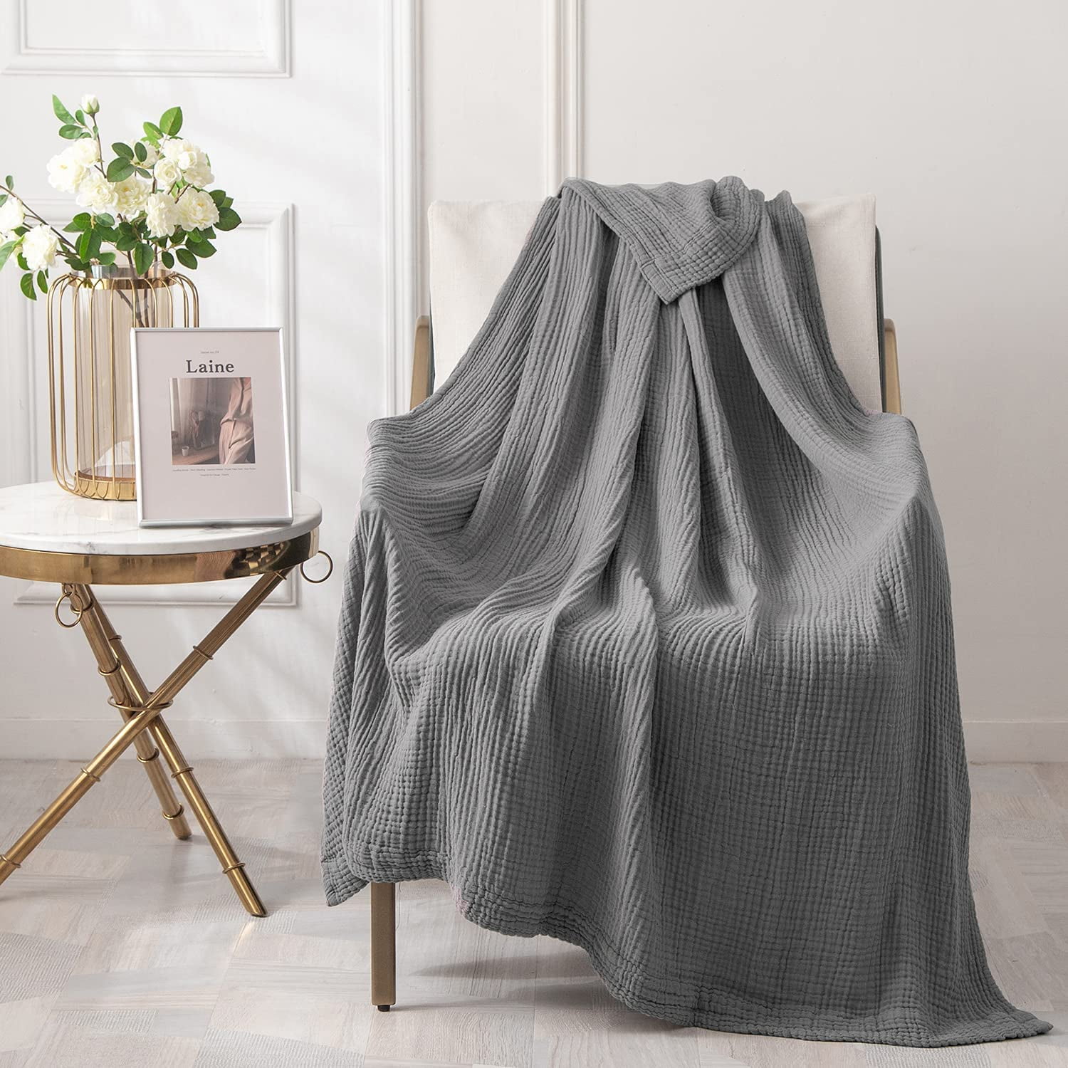 EMME Muslin Grey Throw Blanket 100% Cotton 6-Layer Couch Bed Blankets for Adults and Baby 55"x75" Lightweight Soft Breathable All Season Gauze Blanket, Grey
