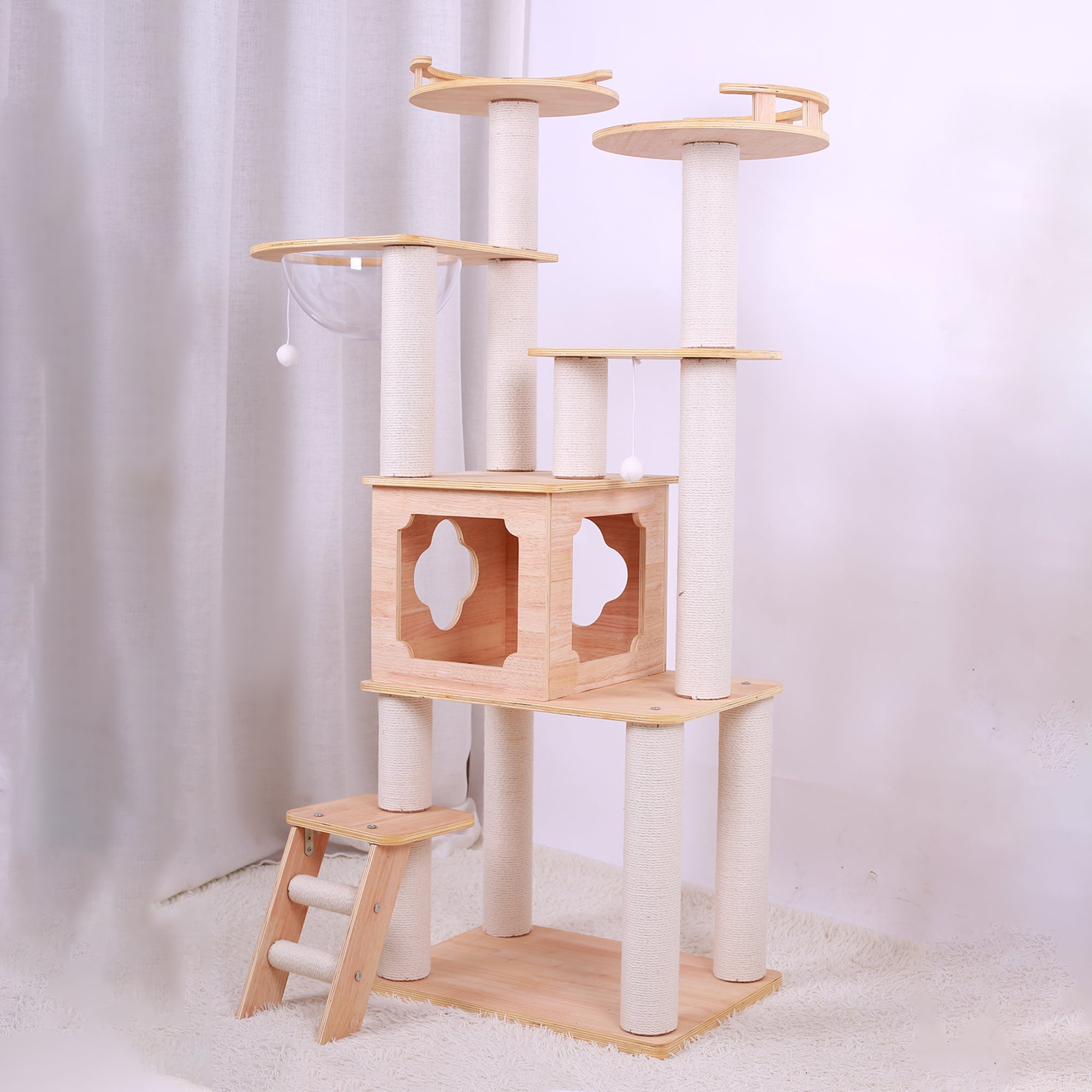 Pefilos 58" Cat Tree Tower for Indoor Cats, Multi-Level Wood Cat Condo for Large Cats with Space Capsule, Top Perch, Beige Pefilos 58" Cat Tree Tower for Indoor Cats, Multi-Level Wood Cat Condo for Large Cats with Space Capsule, Top Perch, Beige