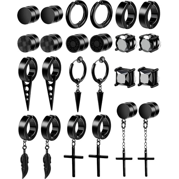12 Pairs Black Magnetic Earrings: Clip On, Hoop & Dangle Designs - Non-Piercing Set for Men & Women