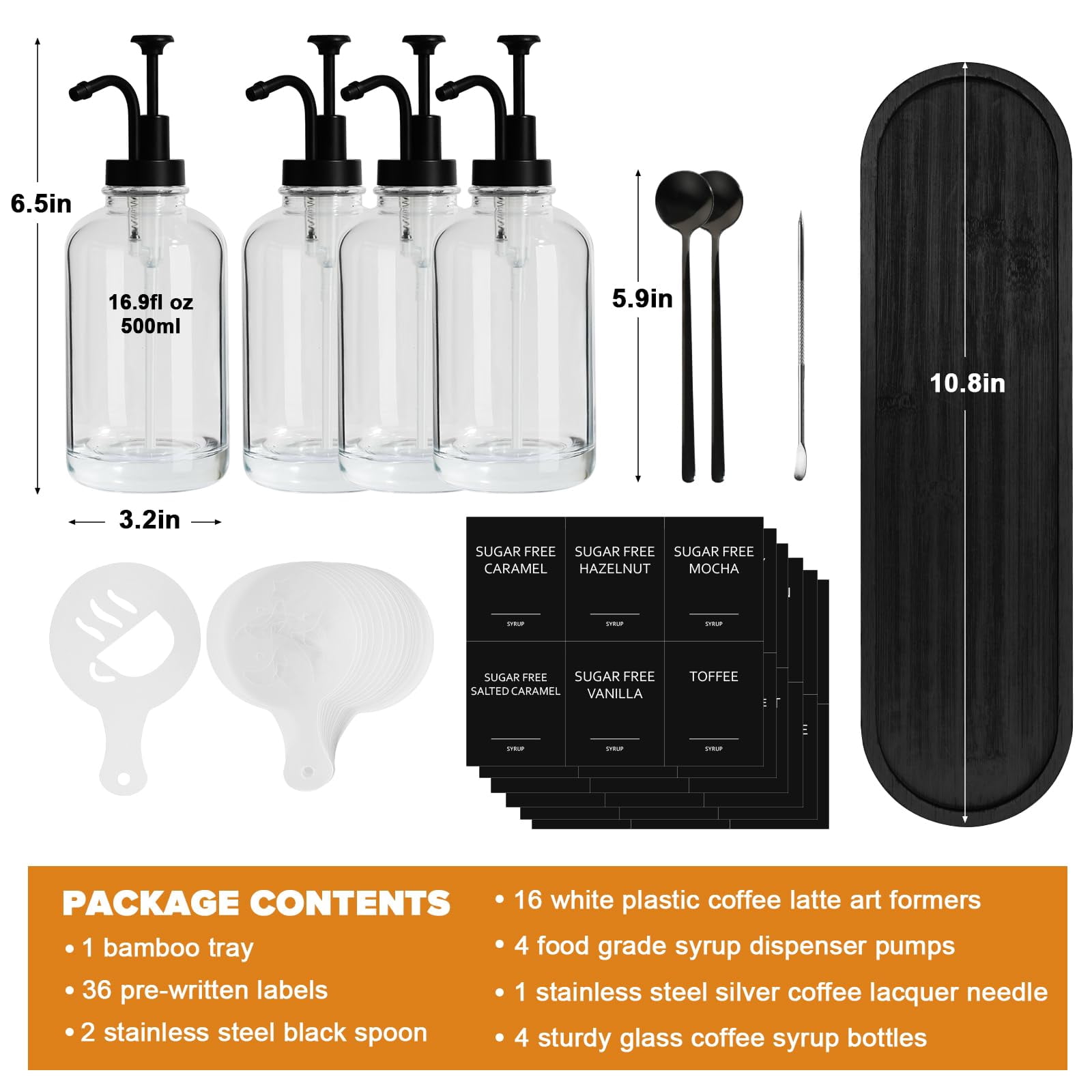 Coffee Bar Accessories  Glass Syrup Dispenser With Pump 16.9 Fl Oz/500ml Bottles For Organizer Labels Spoons 4 Pack