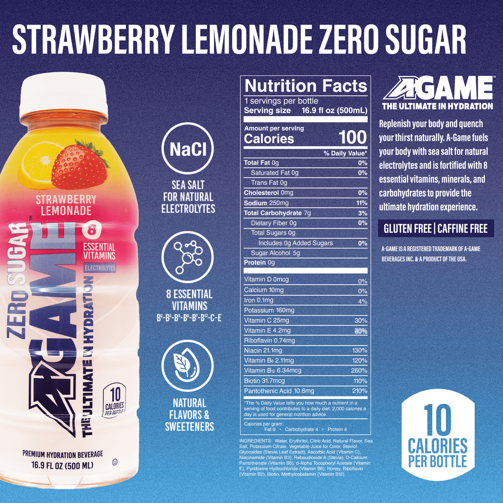 A-GAME Beverages Strawberry Lemonade Zero Sugar 16.9oz- 12 pack case
