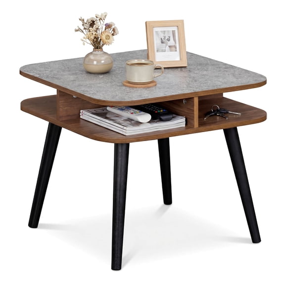 Costway 1 PCS Faux Marble End Table with Storage Shelves & Rubber Wood Legs for Living Room Gray, Walnut & Black