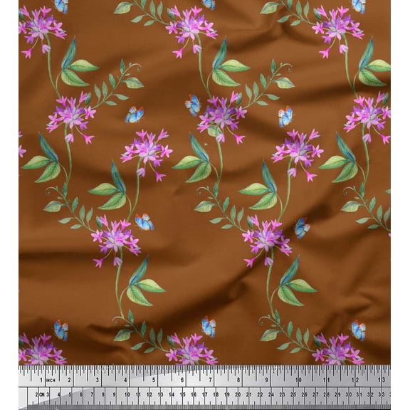 Soimoi Moss Georgette Fabric Leaves,Butterfly & Periwinkle Floral Print Fabric by Yard 42 Inch Wide