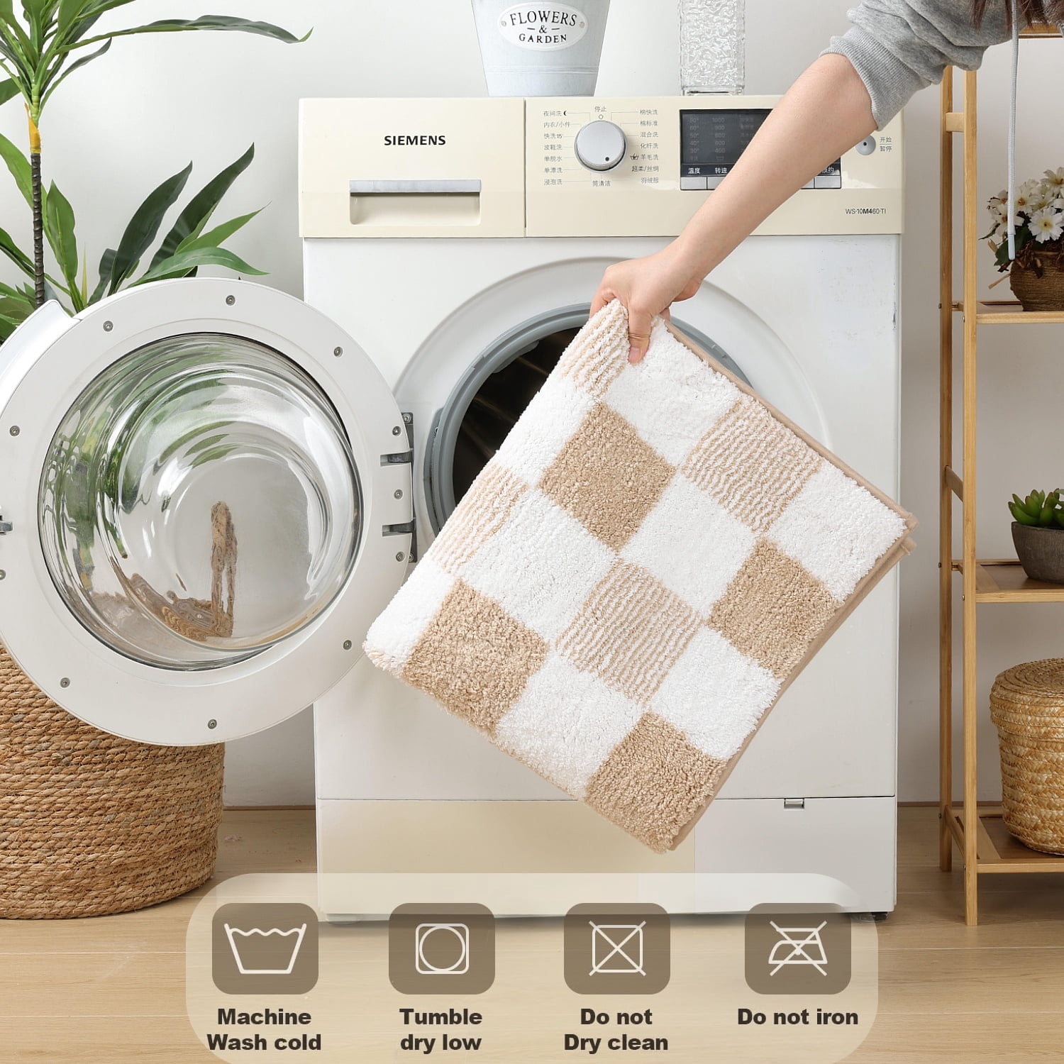 Bathroom Rugs, Yamaziot Checkered Beige Bath Rugs Runner with Toilet Mat, Non Slip Water Absorbent Microfiber, 3 Count