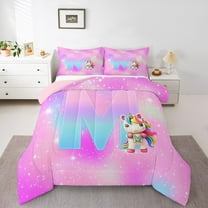 Manfei Girls Personalized Gifts Bedding Comforter Set,Gradient Latter M Twin Comforter Sets,Lovely Unicorn Bedding Set For Princess,Lightweight Room Decoration Reversible,2pcs