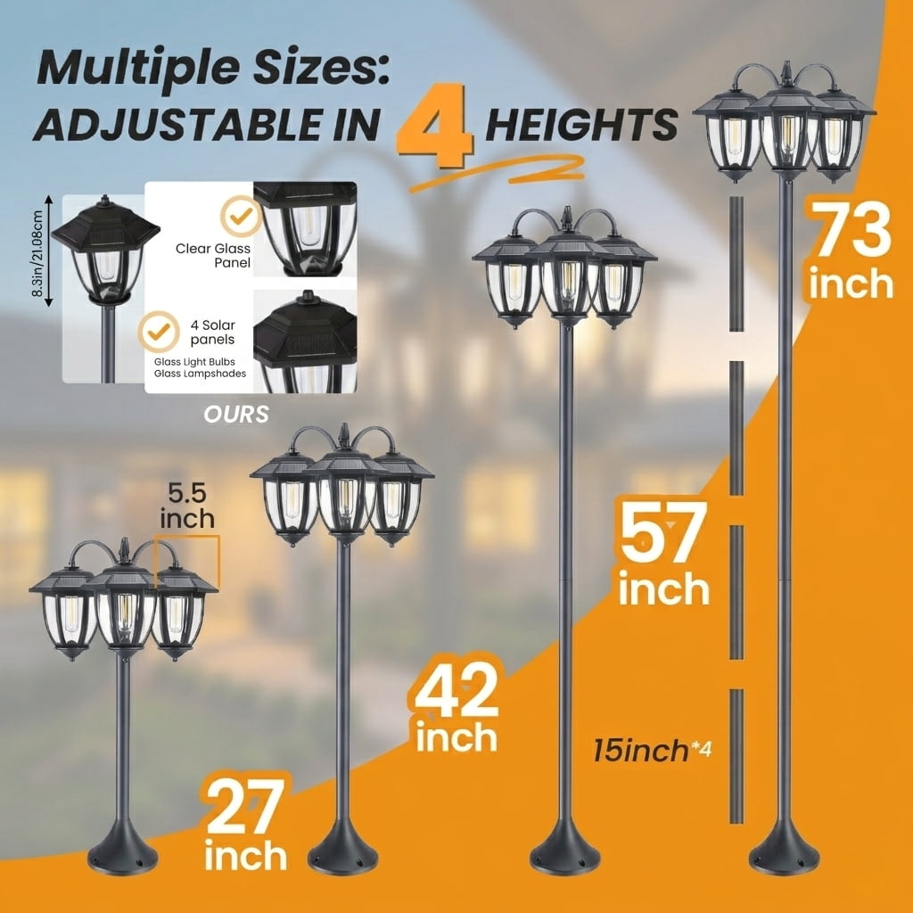 HOODINK 73" Aluminum Solar Lamp Post Light, 3-Head Solar Light Posts for Outside Waterproof, 90Lm Outdoor Lamps for Patio, Backyard, Front Porch Decor, Warm White, Replaceable Bulb