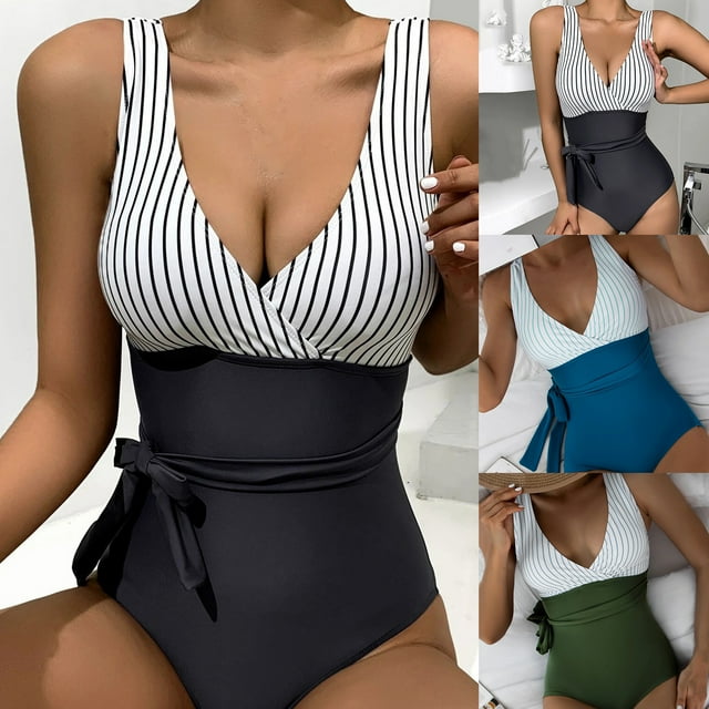 Neinkie Women V Neck One Piece Swimsuits Tummy Control Ruched Swimwear Halter Bathing Suit