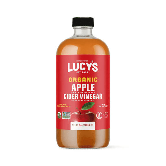 Lucy's Raw Apple Cider Vinegar Unfiltered Unpasteurized With The Mother Organic Non-GMO Glass Bottle 34oz