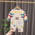 thumbnail image 3 of Child Clothing Suits Baby Jumpsuit Stripe Rainbow Clothes Hoodie Suspender Trousers Long Sleeve 2 Pieces Overalls Beige 90cm, 3 of 8