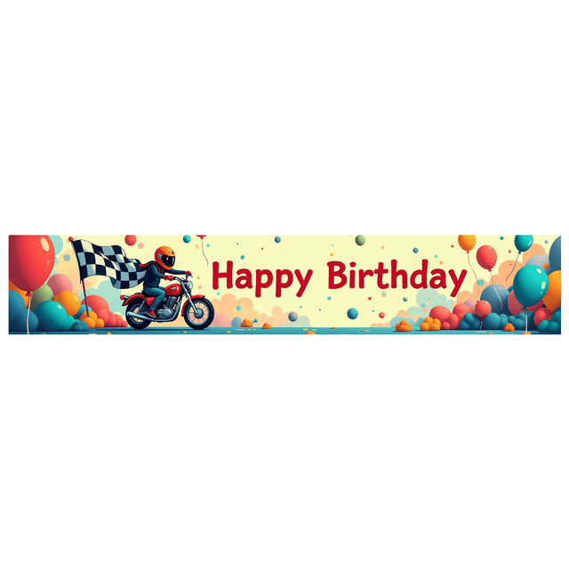 Motorcycle Racing Happy Birthday Banner Celebration Decoration Outdoor Indoor Event Party Display Background Vibrant Backdrop Sign Balloons Racing Theme