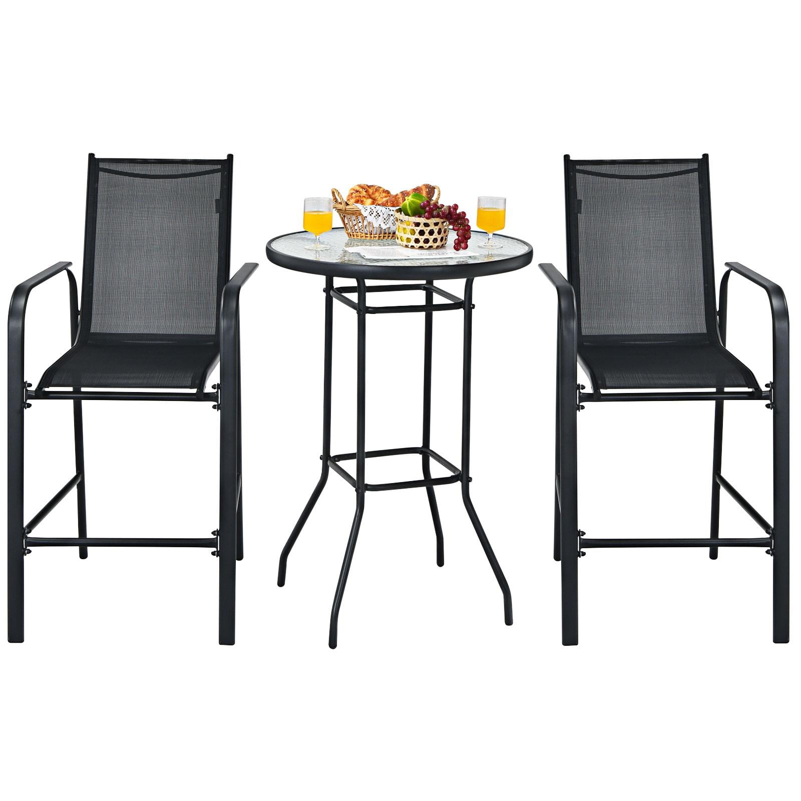 Giantex 3 Pieces Outdoor Patio Bar Set, Outdoor Bistro Set with 2 Bar Stools and 1 Tempered Glass Bar Table, Bar Height Patio Table and Stools Set for Backyard, Garden, Lawn (Black)