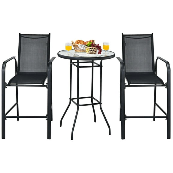 Giantex 3-Piece Steel Outdoor Bistro Sets with Bar Stools and Tempered Glass Bar Table, Black